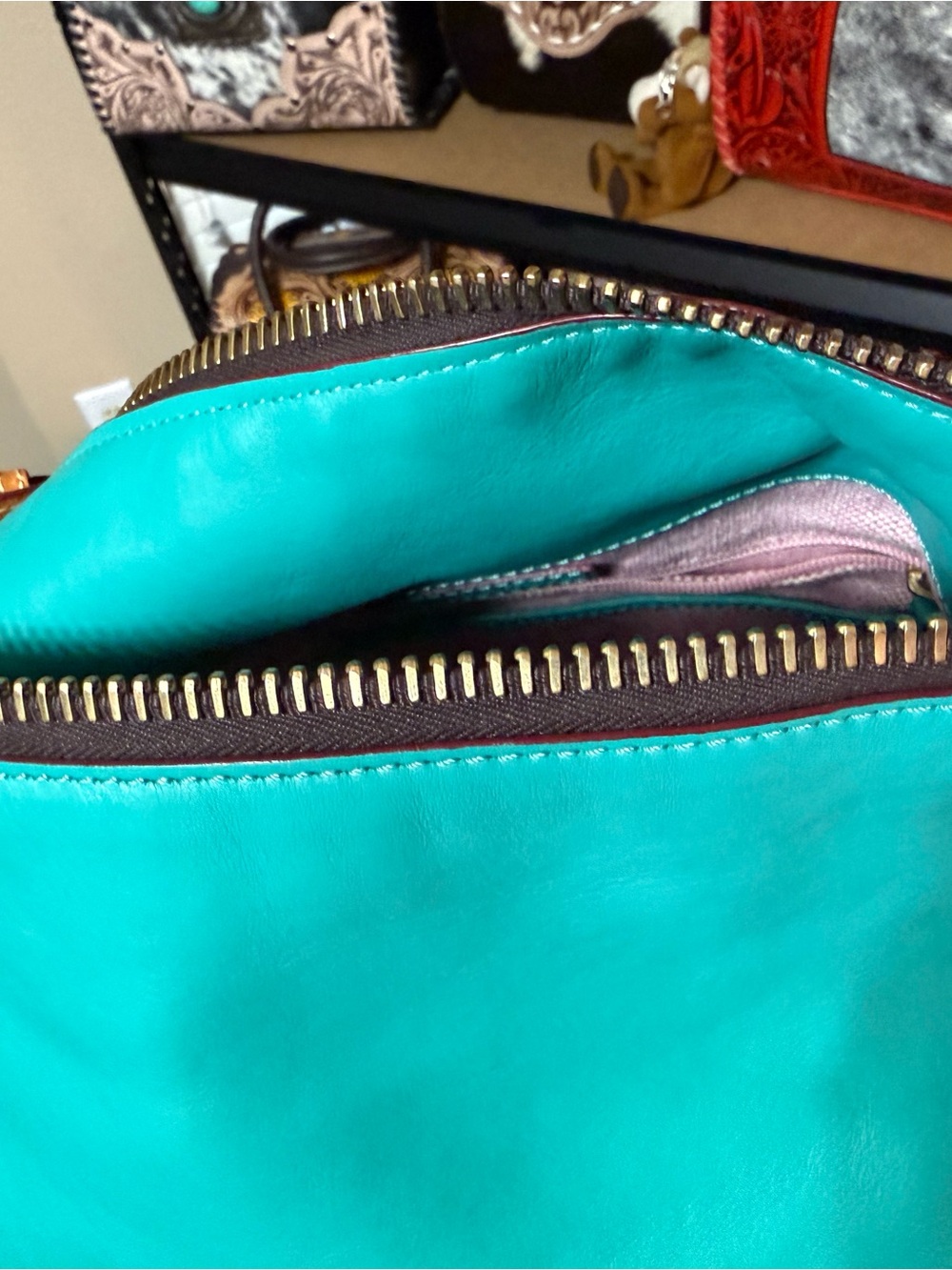 Dooney & Bourke McKenzie Teal Leather Hobo Shoulder Bag with Tan Trim - Picture 13 of 14
